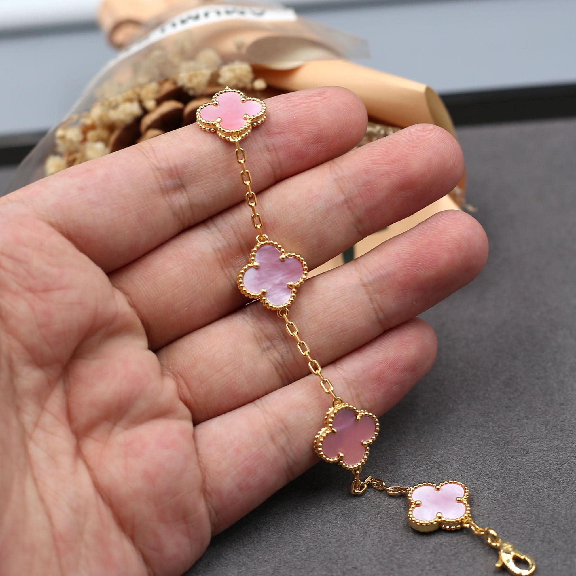 925 Silver Plated With 18K Gold 15mm Four Leaf Clover Pink Mother of Pearl Clover Bracelet,Clover Jewelry