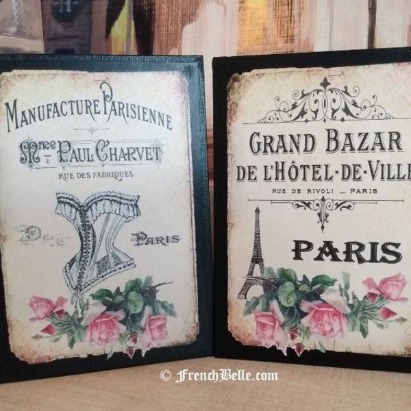 French Wall Set, Paris Boutique Signs, Pink Roses, Romantic French Decor Signs, Paris Apartment Corset Steampunk Rustic Vintage Tuscan Black