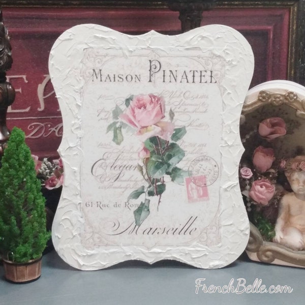 French Country Pink Rose Sign, Rustic Shabby Chic Paris France Boutique, Wood Signage, Bedroom Bathroom Decor Romantic Victorian Decoration