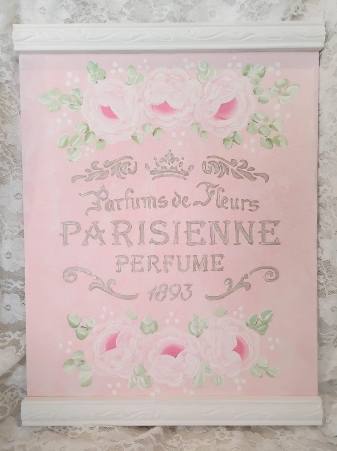 Shabby Cottagecore Chic Hand Painted Pink Roses Paris Perfume Painting ...