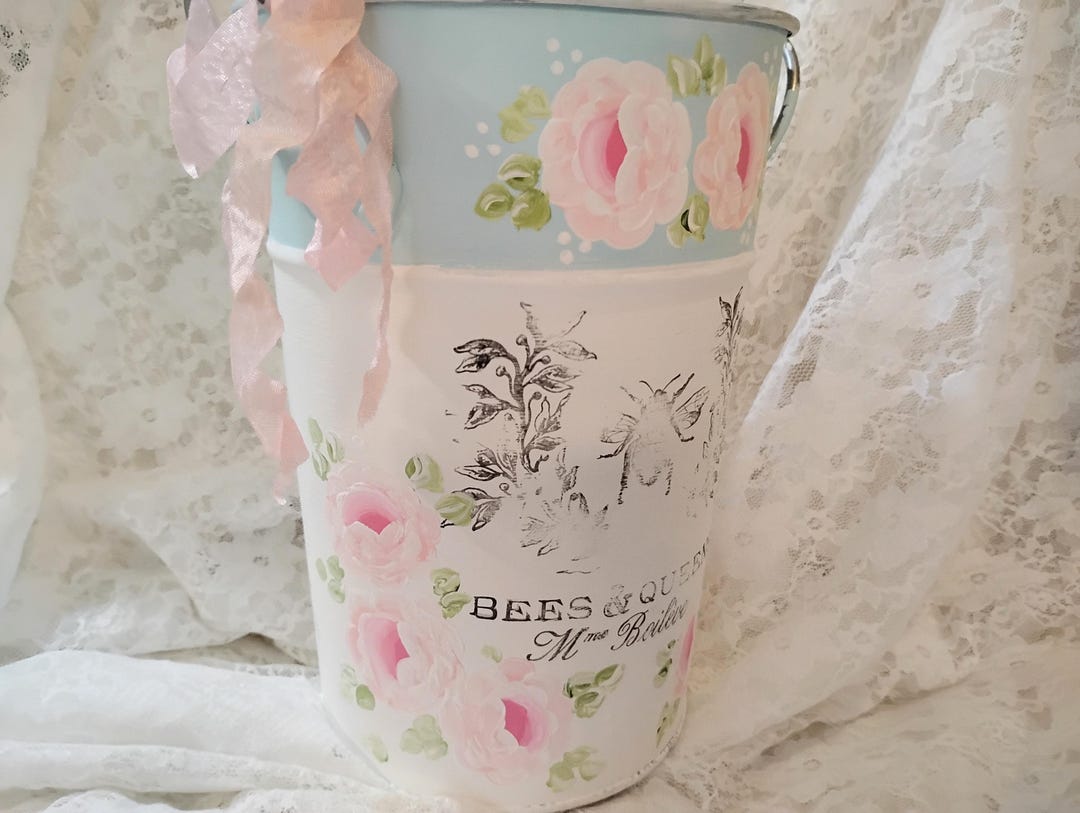 Hand Painted Pink Roses Shabby Chic Flower Bucket: French Country Decor ...
