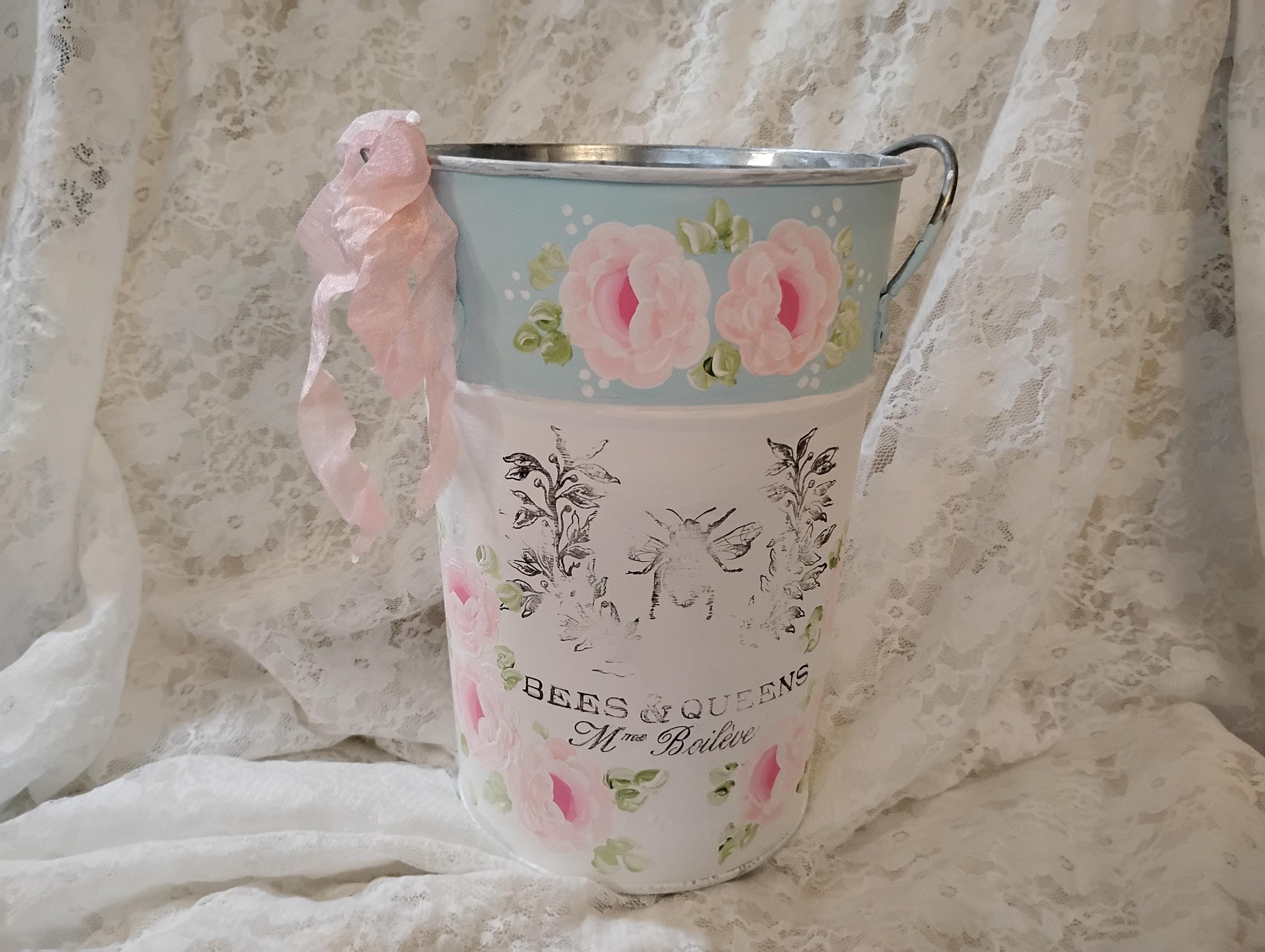 Hand Painted Pink Roses Shabby Chic Flower Bucket: French Country Decor ...