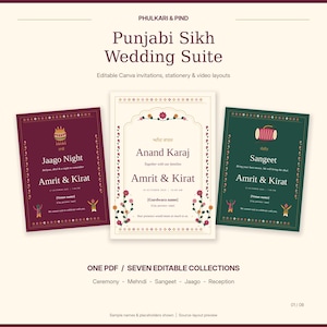 May include: A Punjabi Sikh wedding suite featuring three rectangular invitation cards in maroon, cream, and dark green. The cards display text including Jaago Night, Anand Karaj, and Sangeet, with decorative floral borders and traditional icons.