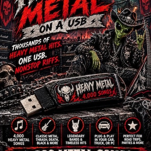May include: A black USB flash drive featuring a skull graphic and the text HEAVY METAL 4,000 SONGS. The background displays an alien wearing a cowboy hat and leather jacket, surrounded by skulls, Marshall amplifiers, and a UFO in a dark, fiery setting.