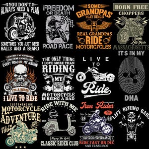 May include: A collection of motorcycle-themed graphic designs on a black background. Designs include motorcycles, skulls, and text such as "Born Free Choppers," "Ride," and "Motorcycle Adventure." The designs are in various colors, including white, orange, and green.