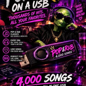Puede incluir: Una memoria USB negra con el texto POP & R&B 4,000 SONGS y un icono de corona. El fondo muestra a un alienígena verde con auriculares, gafas de sol y una cadena de oro, rodeado de texto de color neón púrpura y gráficos musicales.