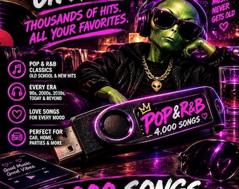 May include: A black USB flash drive featuring the text POP & R&B 4,000 SONGS with a crown icon. The background displays a green alien wearing headphones, sunglasses, and a gold chain, surrounded by neon purple text and music-themed graphics.