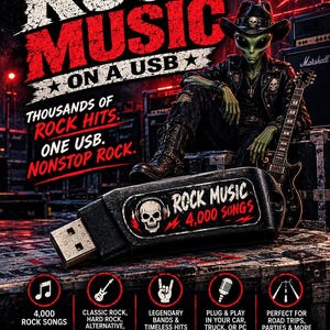 Może przedstawiać: Czarny pendrive z grafiką czaszki i napisem ROCK MUSIC 4,000 SONGS. Obraz przedstawia kosmitę w kowbojskim kapeluszu i skórzanej kurtce trzymającego gitarę, z napisem ROCK MUSIC ON A USB oraz ROCK NEVER DIES.