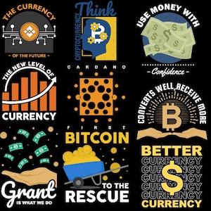 Op de afbeelding: Een verzameling grafische ontwerpen op een zwarte achtergrond, met thema's als cryptocurrency en financiën. Ontwerpen bevatten tekst en illustraties van geld, Bitcoin en andere financiële symbolen. De ontwerpen zijn in verschillende kleuren, waaronder geel, blauw en oranje.