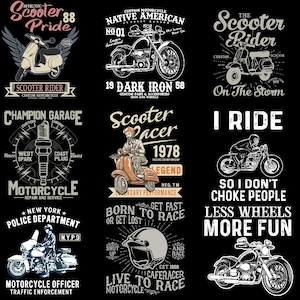 May include: Nine black and white motorcycle and scooter-themed graphic designs. The designs include motorcycles, scooters, helmets, and text such as "Scooter Pride", "Scooter Rider", and "Born to Race".