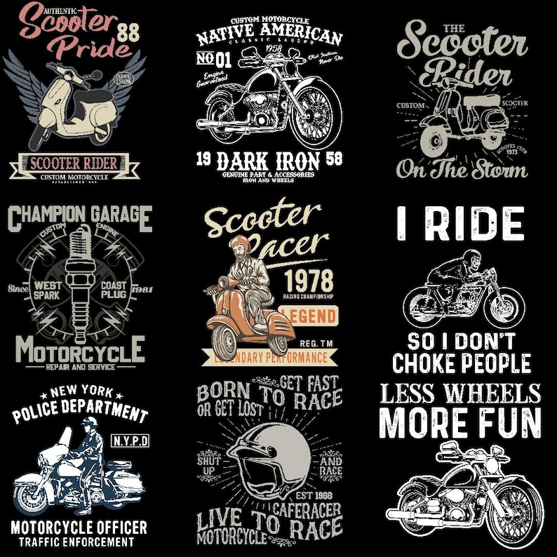 May include: Nine black and white motorcycle and scooter-themed graphic designs. The designs include motorcycles, scooters, helmets, and text such as "Scooter Pride", "Scooter Rider", and "Born to Race".