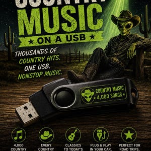 Puede incluir: Una memoria USB negra con una etiqueta verde que muestra un alienígena con sombrero de vaquero y el texto "COUNTRY MUSIC 4,000 SONGS". El gráfico de fondo muestra un alienígena bajo un OVNI, con texto sobre 4.000 canciones country.