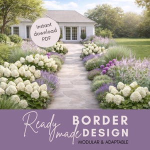 Può includere: Un sentiero di pietra conduce a una casa bianca, fiancheggiato da aiuole di ortensie bianche, lavanda viola ed erbe verdi. L'immagine include il testo "Instant download PDF" e "Ready made Border Design, Modular & Adaptable."