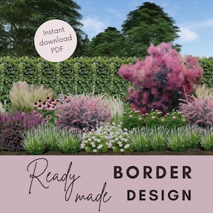 Puede incluir: Un diseño de borde de jardín vibrante con una variedad de plantas con flores rosas, moradas y blancas, y follaje verde. La imagen incluye el texto "Instant download PDF" y "Ready made BORDER DESIGN".