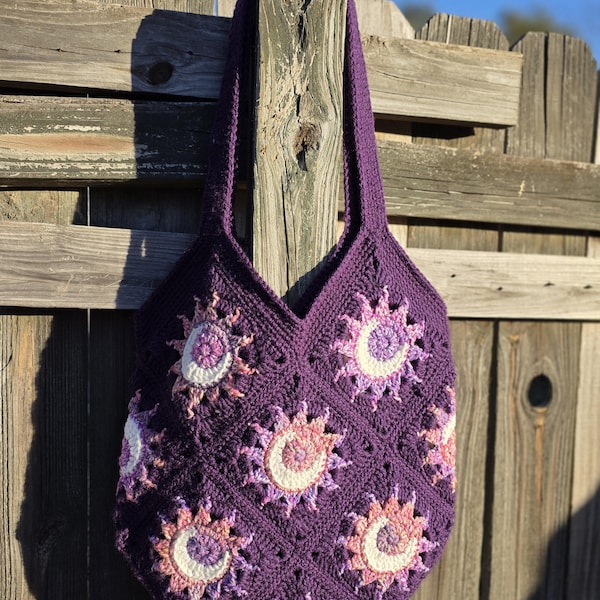 Lined Granny Square Crochet Tote Bag, Whimsical, Celestial, Purple, Market Bag, Shoulder Bag, Handmade, Gift, Purse, Medium-Large