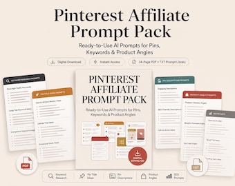Pakiet podpowiedzi dla partnerów Pinterest, podpowiedzi AI do marketingu afiliacyjnego, podpowiedzi SEO Pinterest, podpowiedzi kopiuj-wklej, pobieranie cyfrowe