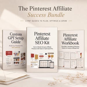 Op de afbeelding: Drie witte boeken getiteld "Custom GPT Setup Guide", "Pinterest Affiliate SEO Kit" en "Pinterest Affiliate Workbook". De boeken maken deel uit van "The Pinterest Affiliate Success Bundle" en zijn ontworpen om te plannen, optimaliseren en te groeien.