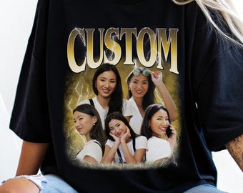 May include: A black short-sleeved t-shirt featuring the word CUSTOM in large gold letters at the top. Below the text is a graphic collage of five images of the same person in white tops, set against a yellow lightning background.