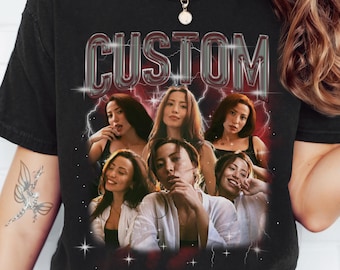 May include: A black short-sleeve t-shirt featuring the word CUSTOM in large metallic lettering at the top. Below the text is a collage of six photographs of the same person in various poses, set against a red background with white lightning.
