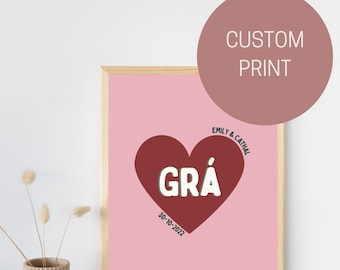 Grá Print with Names & Date - Custom Irish Wall  Irish Art Poster - As Gaeilge