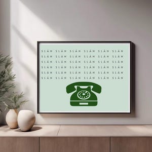 May include: A green vintage rotary phone with a white background and the word "SL&Aacute;N" repeated multiple times in green text.