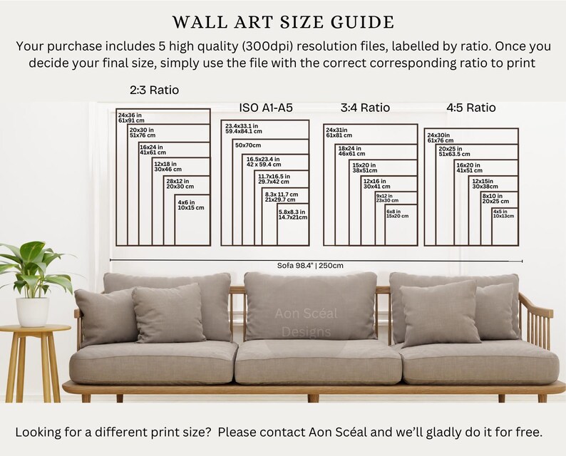 May include: A wall art size guide with five different aspect ratios: 2:3, ISO A1-A5, 3:4, and 4:5. The guide shows the dimensions in inches and centimeters for each ratio. The text "Sofa 98.4" | 250cm" is at the bottom of the guide. The text "Aon Sc&eacute;al Designs" is below the sofa measurement. The text "Looking for a different print size? Please contact Aon Sc&eacute;al and we'll gladly do it for free." is at the bottom of the image.