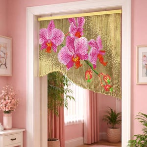 Pink Orchid Beaded Curtain, Boho Room Divider, Botanical Home