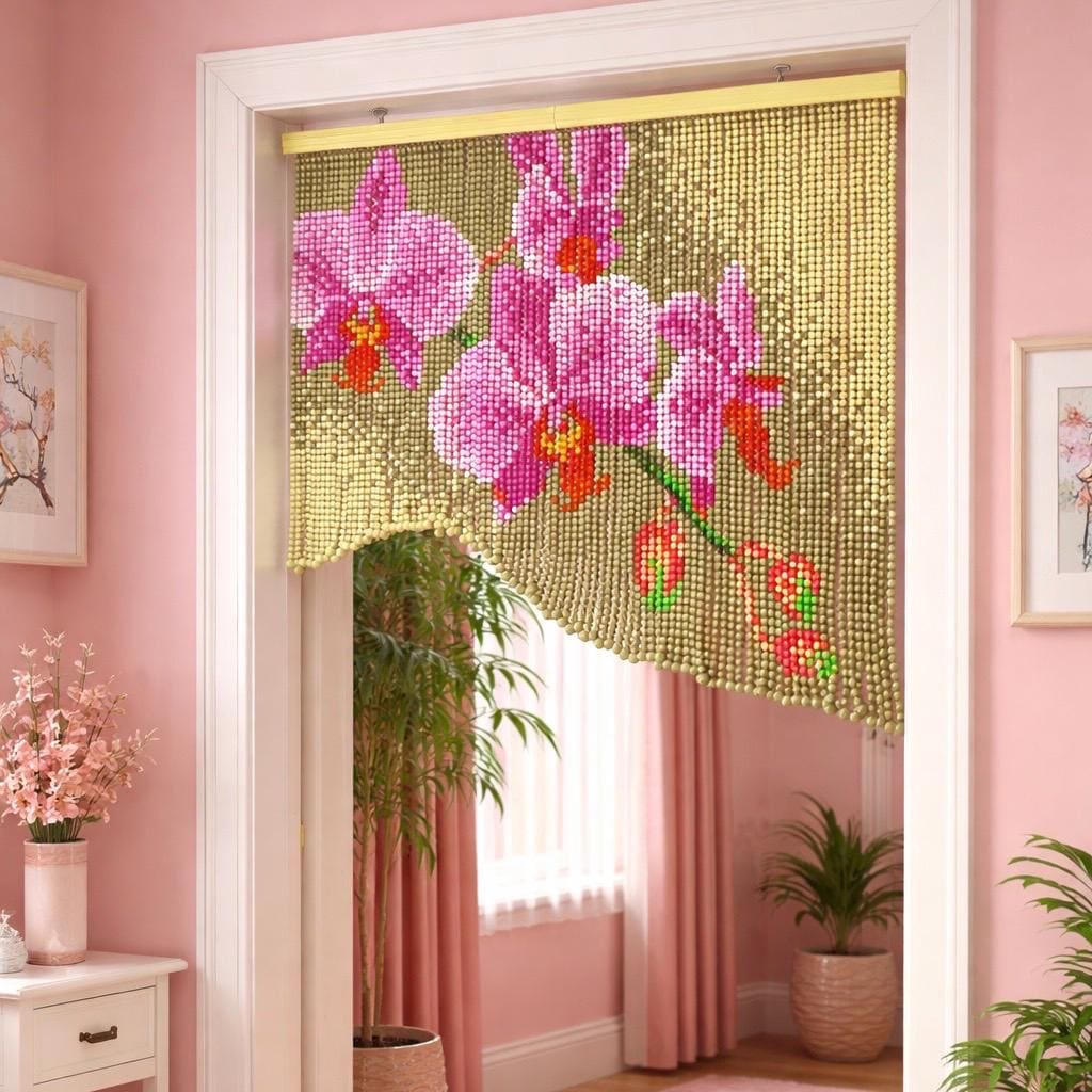 Pink Orchid Beaded Curtain, Boho Room Divider, Botanical Home