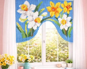 Hand-Beaded Daffodil Door Curtain, Floral Spring Valance, Retro Wall Art