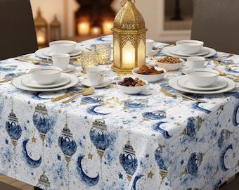 Mantel de Ramadán con acuarela / Linterna azul, decoración islámica en forma de media luna