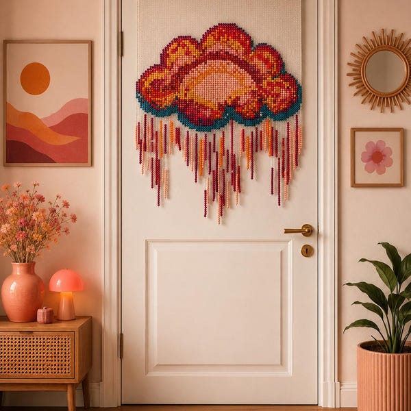 Handmade Retro Cloud Beaded Curtain – Acrylic Sunset Wall Hanging, Boho Room Divider