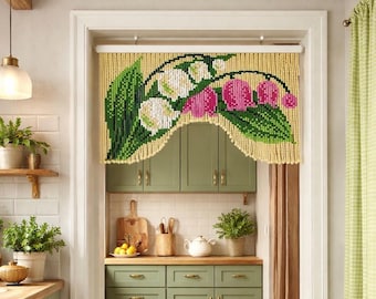 Lily of the Valley Beaded Curtain, Floral Wood Bead Doorway Curtain, Green and White Flower Room Divider, Retro Boho Wall Hanging Decor