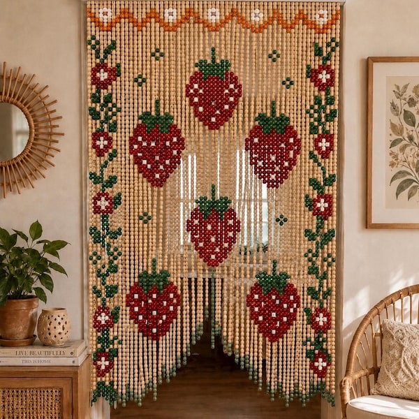 Handmade Strawberry Acrylic Bead Curtain – Boho Fruit Doorway Room Divider