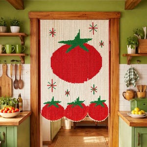 Retro tomatpärlgardin, handpärlad köksväggbonad, kitschig grönsaksdekor