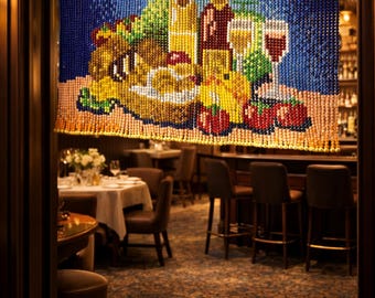 Cortina de cuentas para puerta, separador de ambientes con frutas y vinos, arte de pared para bar
