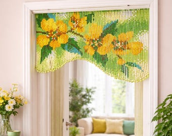 May include: A beaded door curtain with a floral design. The curtain features yellow flowers and green leaves against a green background. The text "PAFULIM HOME DECO" is visible at the bottom of the door frame.