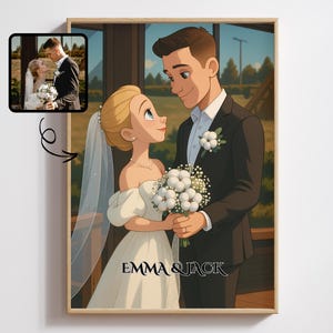 Custom Pixar Wedding Portrait from Photo | Personalized Bride & Groom Cartoon Drawing | Fairytale Couple Illustration Gift