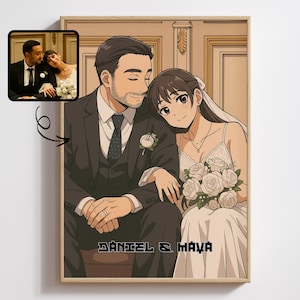 写真からカスタムウェディングアニメポートレート | パーソナライズされたカップルの絵 | 結婚祝い | アニメスタイルアート | ユニークな記念日の贈り物