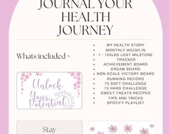 Puede incluir: Un diario rosa y blanco titulado "Journal Your Health Journey" con el texto "Unlock Your Potential" y "Stay Motivated". Incluye secciones para historias de salud, seguimiento de peso, desafíos, recetas y una lista de reproducción de Spotify.