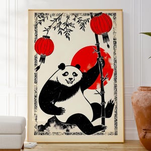 Instant Download Panda Print, Japanese-Inspired Animal Wall Decor, Bamboo and Lantern Art Gift