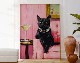 Black Cat Martini Art Print: Pink Bar Decor (Digital Download)