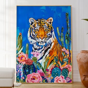 Druckbares Dschungel Tiger und Kaktus Poster, bunte Tier Wandkunst, Kinderzimmer Dekor, Sofortiger Download für DIY-Projekte