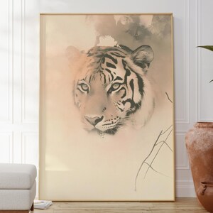 Neutral Digital Tiger Art Print, Jungle Inspired Line Drawing, Minimalist Animal Decor, Gift For Her Or Him