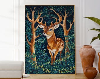 Deer Print, Wild Life Stag Poster, Nature Inspired Digital Download, Animal Wall Decor, Green Forest Artwork, Stylish Gift Idea For Her Him