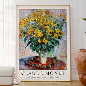 Impresión digital de alcachofa de Jerusalén de Monet, póster de jarrón de flores de bodegón, obra de arte de ramo floral, impresionismo, arte botánico