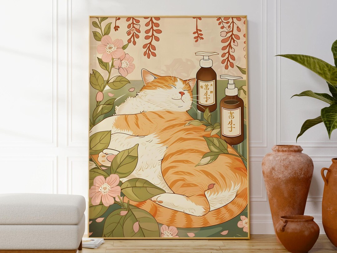 Japanese Cat Bath Art Print, Cute Animal Decor (digital Download) - Etsy