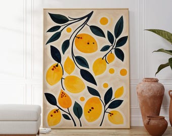 Impresión contemporánea de limón, póster de cocina de cítricos, descarga digital, arte moderno de limón, decoración fresca para el comedor, regalo de inauguración de la casa