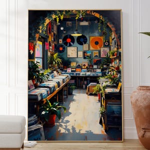 May include: A vintage record store interior with shelves full of vinyl records, framed artwork, and plants. The store has a warm, inviting atmosphere with natural light streaming in.