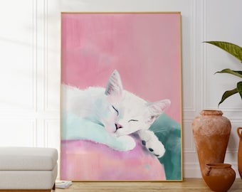 Nyckfullt rosa katttryck, pastellfärgad väggkonst för barnrum (digital nedladdning)