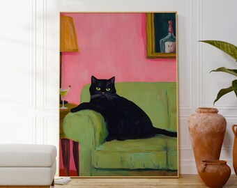 Black Cat Martini Art Print: Funky Feline Poster (Digital Download)